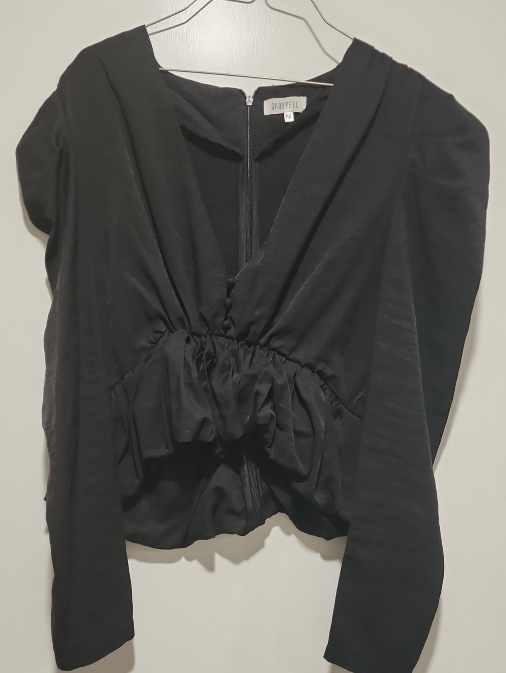 Ghospell Black V-Neck Ruched Peplum Blouse